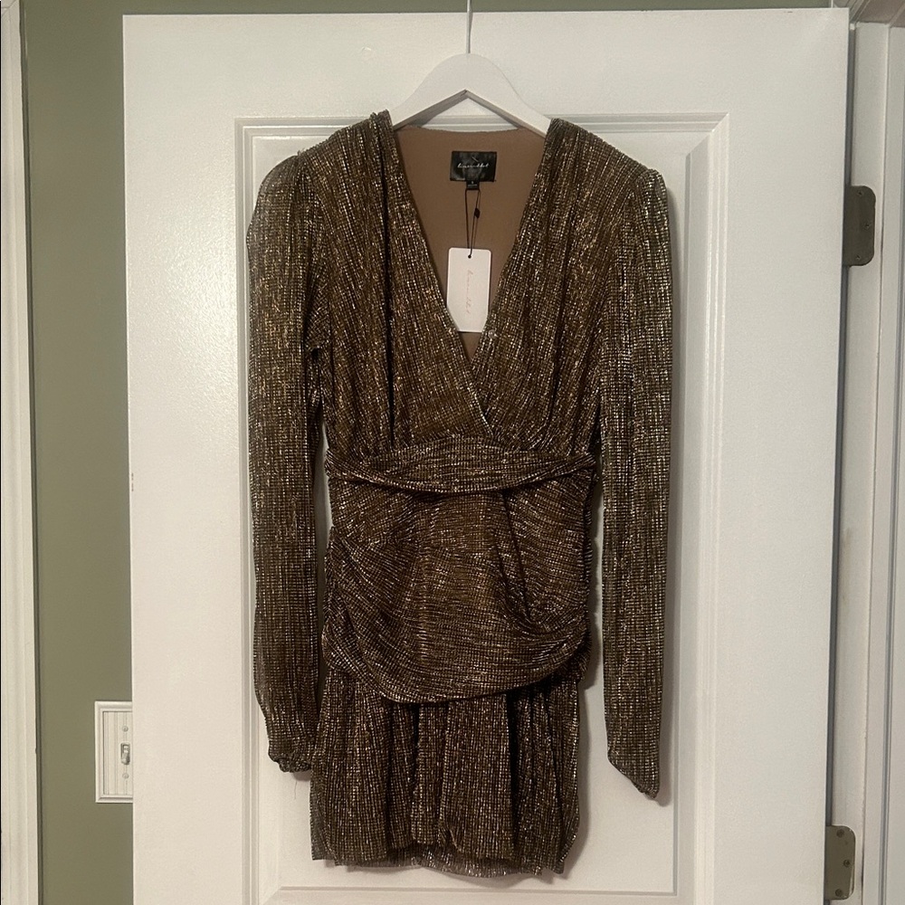 Line & Dot Metallic Gold Long Sleeve Dress